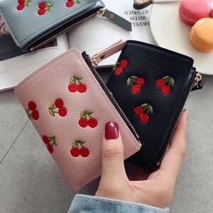 Cherry Embroidered Black or Pink Wallet